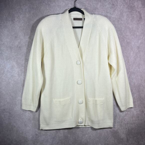 Vintage Yarnworks Cardigan Sweater Womens L‎ Ivory Rib Knit Button Geek Academia - Picture 1 of 9